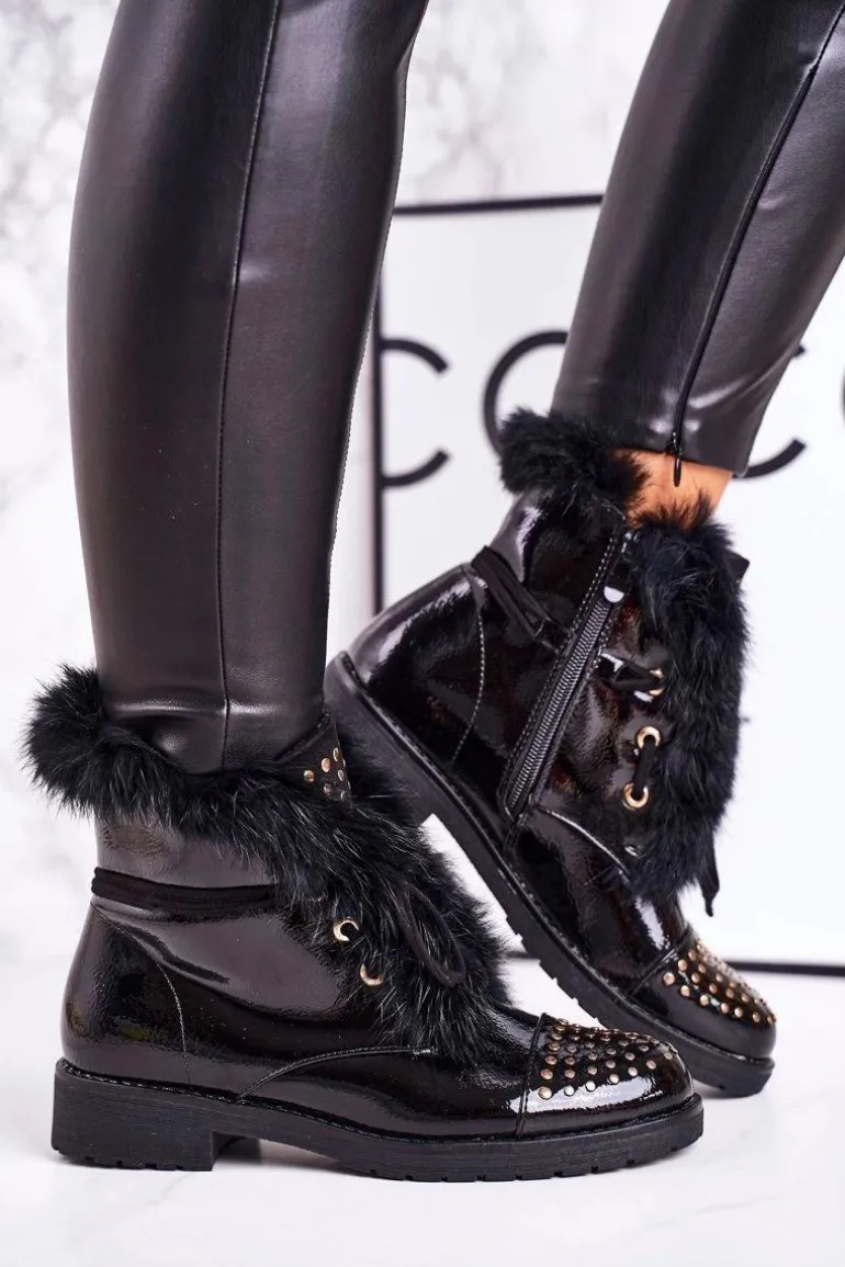 Damskie Ocieplane Botki Z Dżetami I Futerkiem Lakierowane Glam