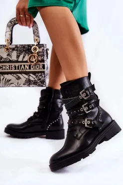 Damskie Ocieplane Botki Z Paskami Gładkie Czarne Lamberta