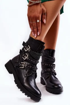 Damskie Ocieplane Botki Z Paskami Gładkie Czarne Lamberta