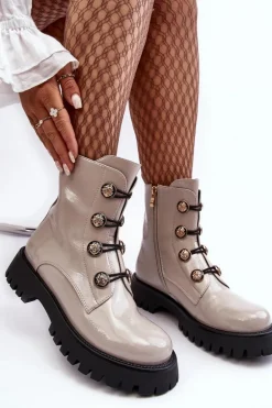 Damskie Ocieplane Botki Z Ozdobnymi Guzikami D&A MR870-51 Jasnobeżowe