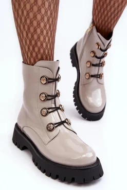 Damskie Ocieplane Botki Z Ozdobnymi Guzikami D&A MR870-51 Jasnobeżowe