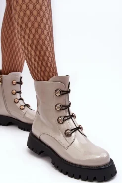 Damskie Ocieplane Botki Z Ozdobnymi Guzikami D&A MR870-51 Jasnobeżowe