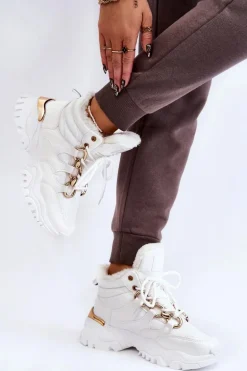 Damskie Ocieplane Buty Sportowe Trapery Sznurowane Białe Bastini