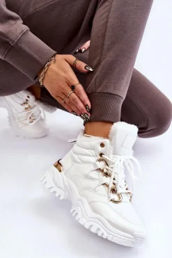 Damskie Ocieplane Buty Sportowe Trapery Sznurowane Białe Bastini