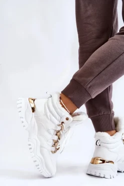 Damskie Ocieplane Buty Sportowe Trapery Sznurowane Białe Bastini