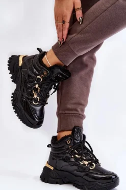 Damskie Ocieplane Buty Sportowe Trapery Sznurowane Czarne Bastini