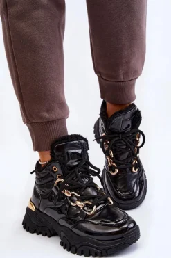Damskie Ocieplane Buty Sportowe Trapery Sznurowane Czarne Bastini