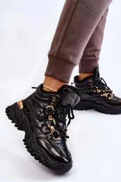 Damskie Ocieplane Buty Sportowe Trapery Sznurowane Czarne Bastini