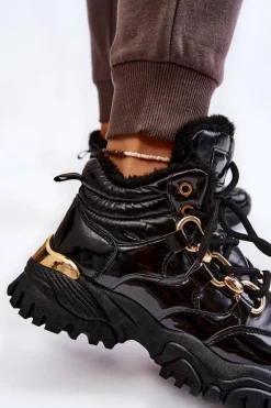 Damskie Ocieplane Buty Sportowe Trapery Sznurowane Czarne Bastini