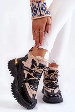 Damskie Ocieplane Buty Sportowe Trapery Czarno-Beżowe Edora