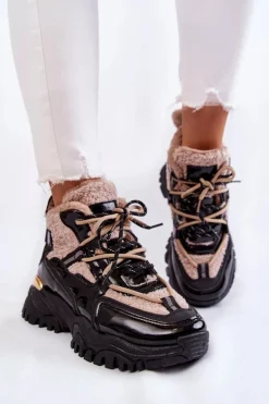 Damskie Ocieplane Buty Sportowe Trapery Czarno-Beżowe Edora