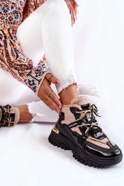 Damskie Ocieplane Buty Sportowe Trapery Czarno-Beżowe Edora