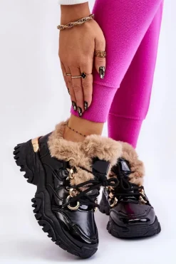 Damskie Ocieplane Buty Sportowe Sznurowane Czarne Kerberos