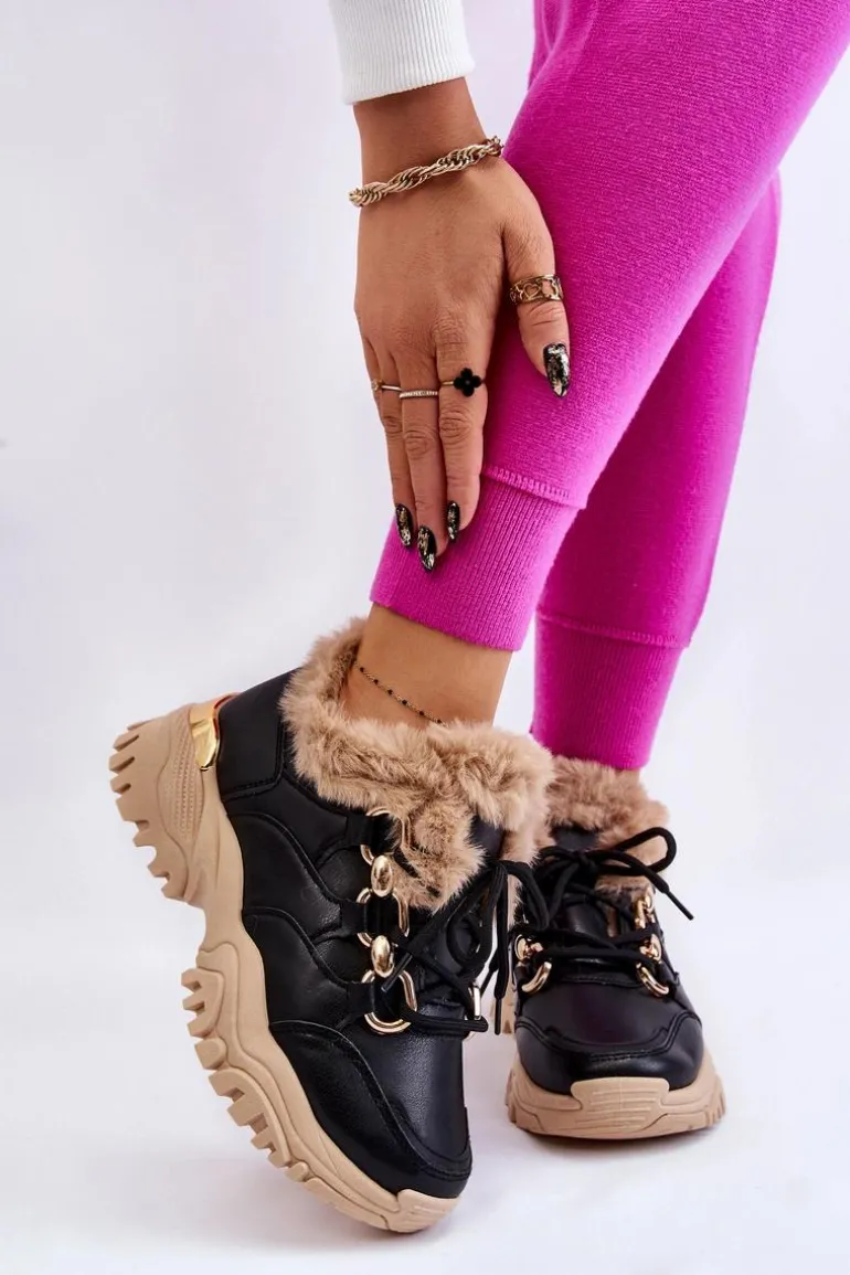 Damskie Ocieplane Buty Sportowe Sznurowane Czarno Beżowe Kerberos