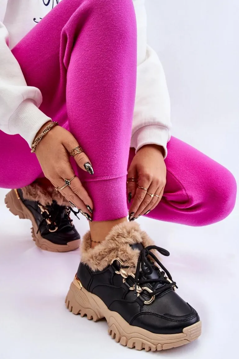 Damskie Ocieplane Buty Sportowe Sznurowane Czarno Beżowe Kerberos