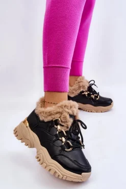 Damskie Ocieplane Buty Sportowe Sznurowane Czarno Beżowe Kerberos