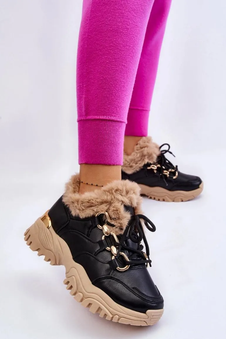 Damskie Ocieplane Buty Sportowe Sznurowane Czarno Beżowe Kerberos