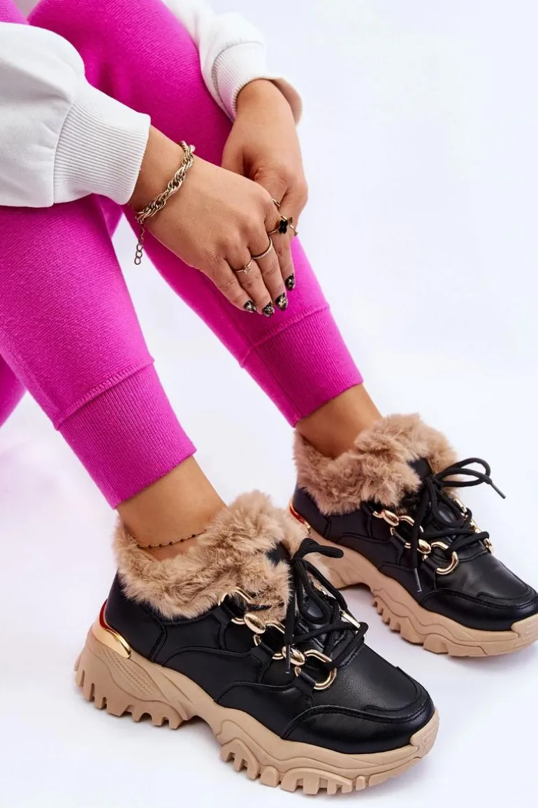Damskie Ocieplane Buty Sportowe Sznurowane Czarno Beżowe Kerberos