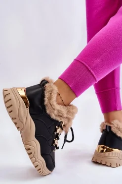 Damskie Ocieplane Buty Sportowe Sznurowane Czarno Beżowe Kerberos