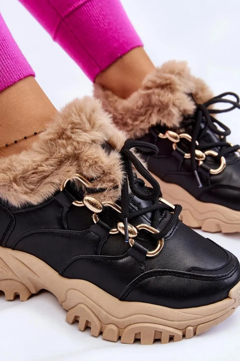 Damskie Ocieplane Buty Sportowe Sznurowane Czarno Beżowe Kerberos