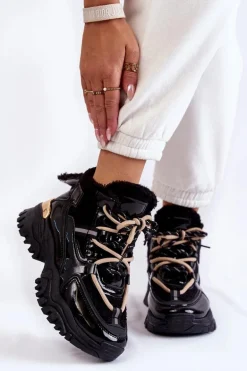 Damskie Ocieplane Buty Sportowe Trapery Czarne Edora