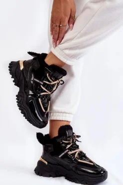 Damskie Ocieplane Buty Sportowe Trapery Czarne Edora