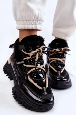 Damskie Ocieplane Buty Sportowe Trapery Czarne Edora