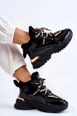 Damskie Ocieplane Buty Sportowe Trapery Czarne Edora