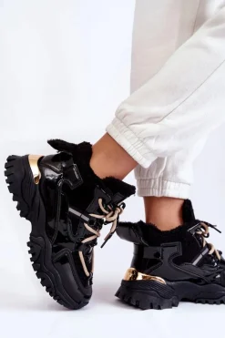 Damskie Ocieplane Buty Sportowe Trapery Czarne Edora