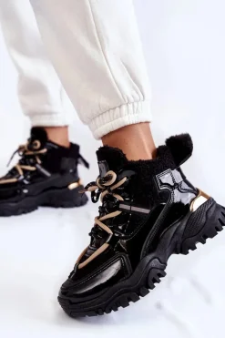Damskie Ocieplane Buty Sportowe Trapery Czarne Edora