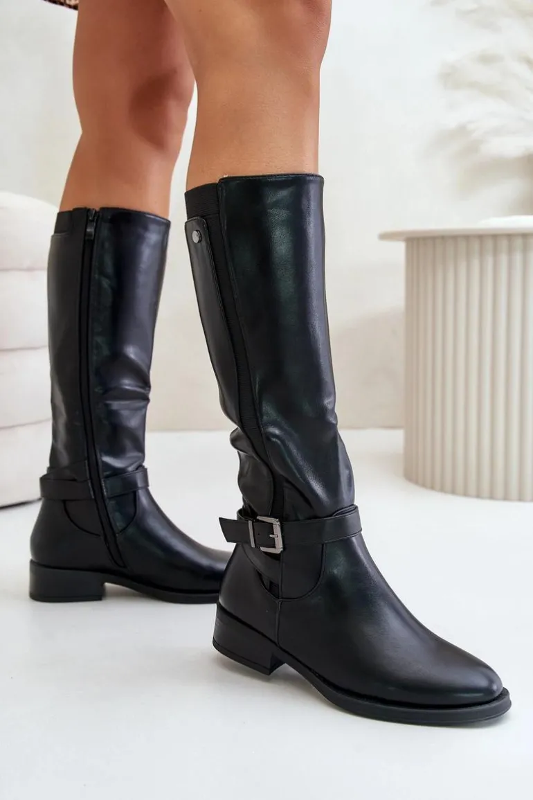 Damskie Ocieplane Kozaki Na Płaskim Obcasie Ze Złotą Klamrą Czarne Arsisna