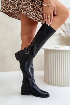 Damskie Ocieplane Kozaki Na Płaskim Obcasie Ze Złotą Klamrą Czarne Arsisna