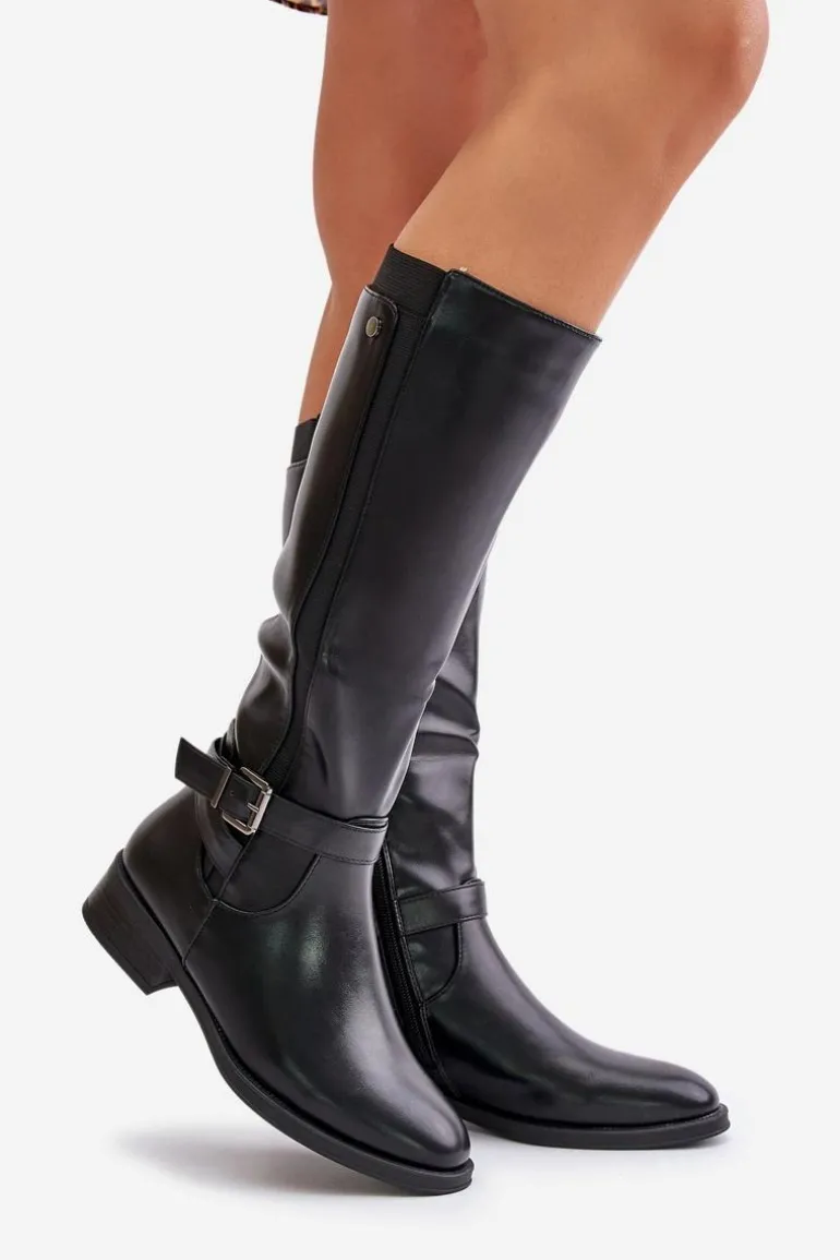 Damskie Ocieplane Kozaki Na Płaskim Obcasie Ze Złotą Klamrą Czarne Arsisna