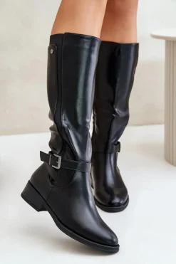 Damskie Ocieplane Kozaki Na Płaskim Obcasie Ze Złotą Klamrą Czarne Arsisna