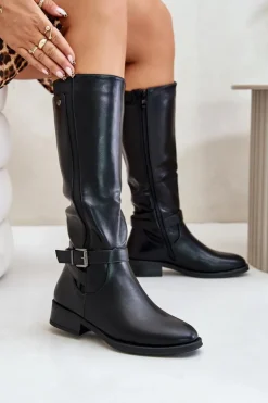 Damskie Ocieplane Kozaki Na Płaskim Obcasie Ze Złotą Klamrą Czarne Arsisna