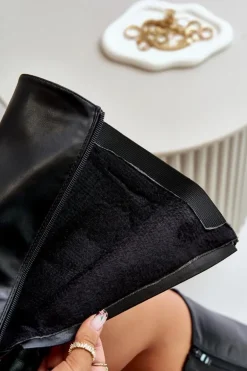 Damskie Ocieplane Kozaki Na Płaskim Obcasie Ze Złotą Klamrą Czarne Arsisna