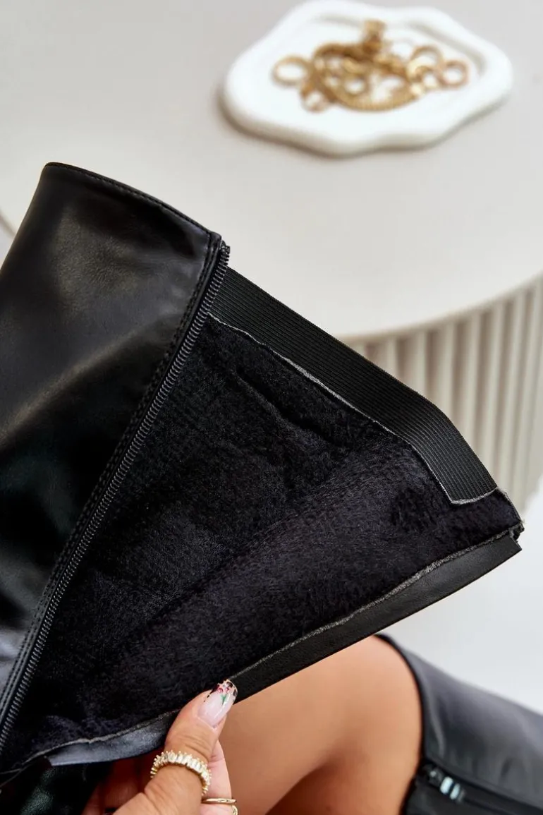 Damskie Ocieplane Kozaki Na Płaskim Obcasie Ze Złotą Klamrą Czarne Arsisna