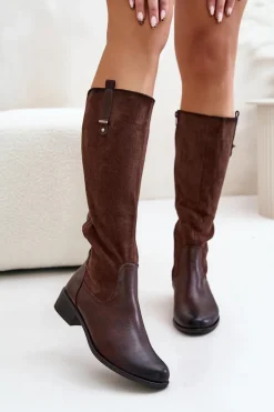 Damskie Ocieplane Kozaki Przed Kolano Na Zamek Brązowe Ivasira