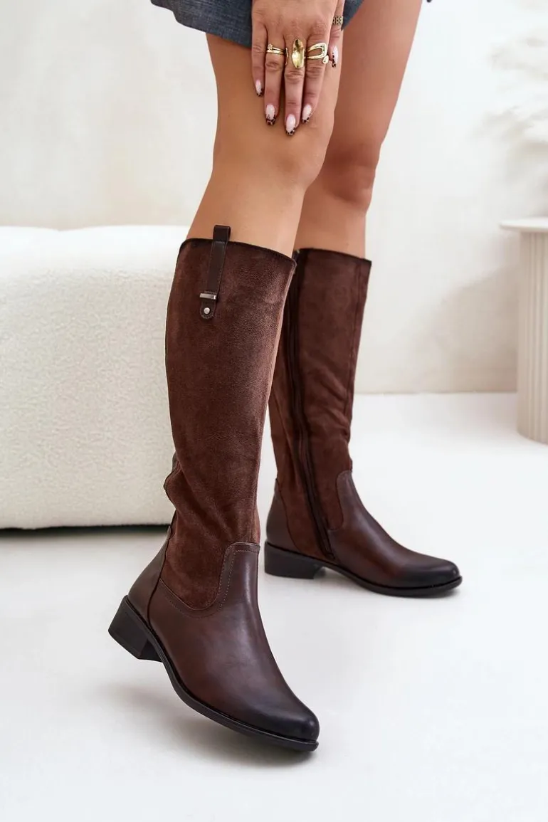 Damskie Ocieplane Kozaki Przed Kolano Na Zamek Brązowe Ivasira