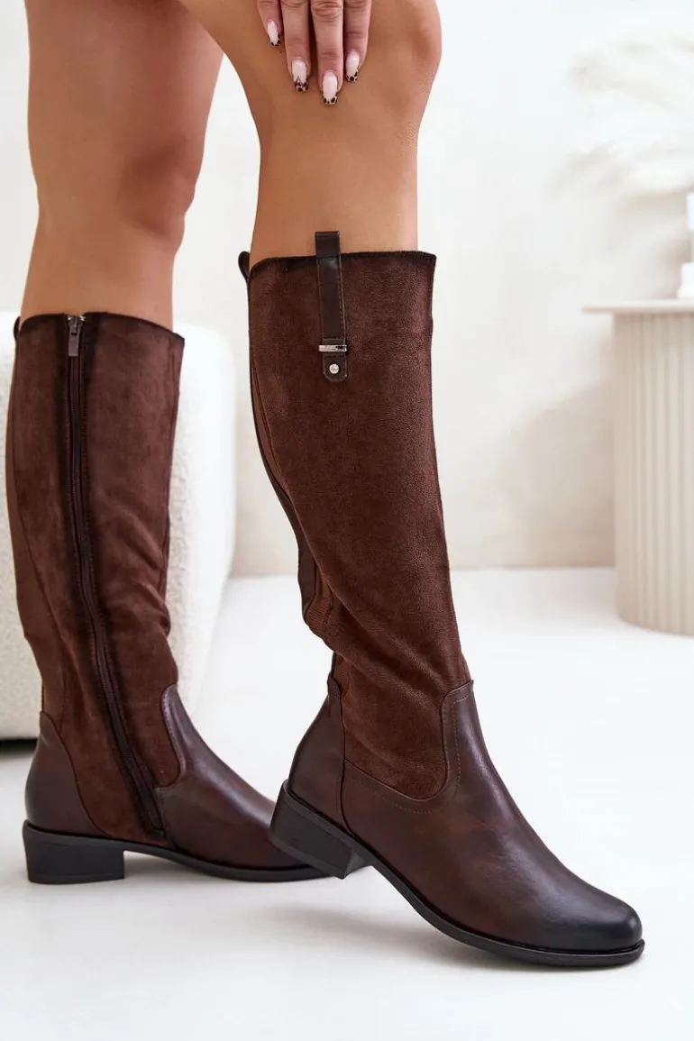 Damskie Ocieplane Kozaki Przed Kolano Na Zamek Brązowe Ivasira