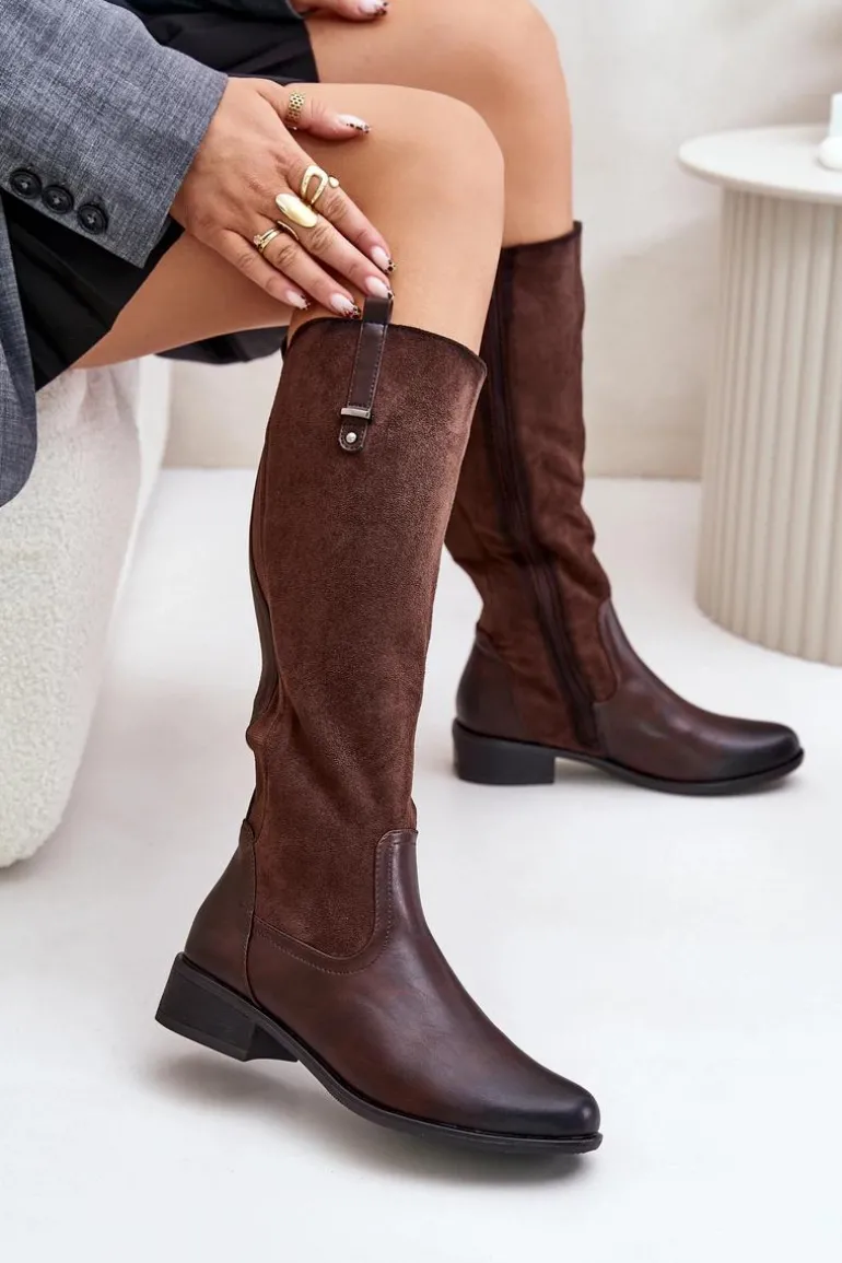 Damskie Ocieplane Kozaki Przed Kolano Na Zamek Brązowe Ivasira