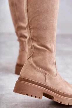 Damskie Ocieplane Kozaki Do Kolana Beżowe Helma