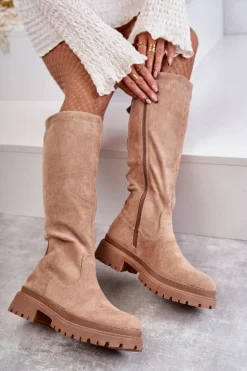 Damskie Ocieplane Kozaki Do Kolana Beżowe Helma