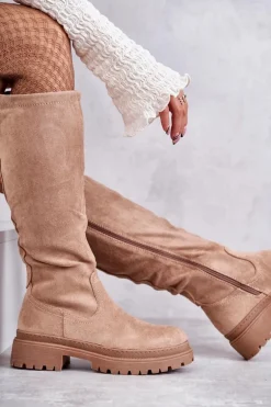 Damskie Ocieplane Kozaki Do Kolana Beżowe Helma