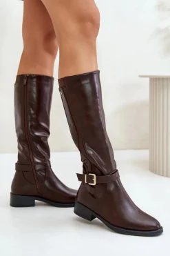 Damskie Ocieplane Kozaki Na Płaskim Obcasie Ze Złotą Klamrą Brązowe Arsisna