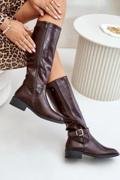 Damskie Ocieplane Kozaki Na Płaskim Obcasie Ze Złotą Klamrą Brązowe Arsisna