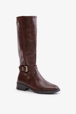 Damskie Ocieplane Kozaki Na Płaskim Obcasie Ze Złotą Klamrą Brązowe Arsisna