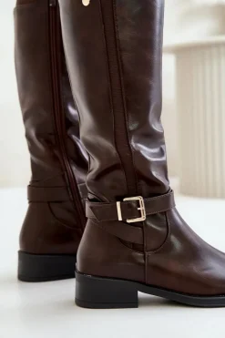 Damskie Ocieplane Kozaki Na Płaskim Obcasie Ze Złotą Klamrą Brązowe Arsisna