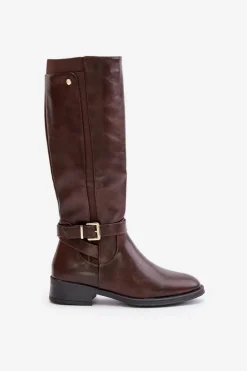 Damskie Ocieplane Kozaki Na Płaskim Obcasie Ze Złotą Klamrą Brązowe Arsisna