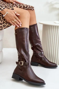 Damskie Ocieplane Kozaki Na Płaskim Obcasie Ze Złotą Klamrą Brązowe Arsisna